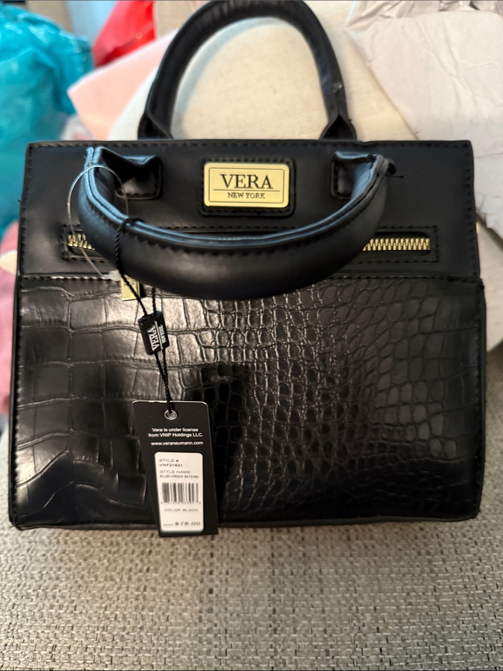 Vera New York Black Croc-Embossed Top-Handle Satchel